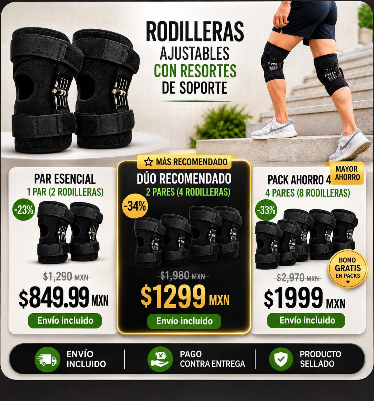 Rodilleras con Resortes de Soporte y Estabilidad (1 Par = 2 Rodilleras)