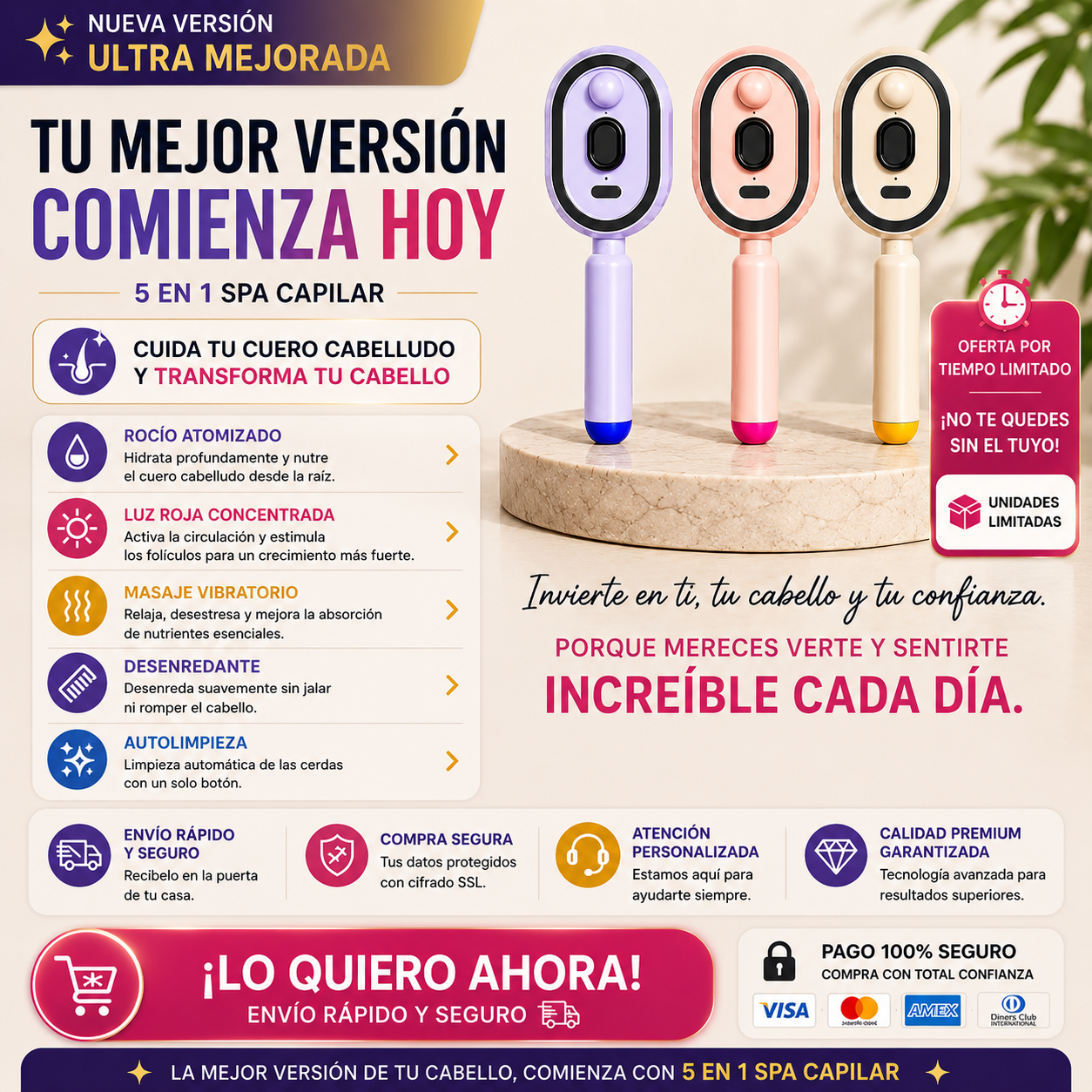 Último día 50% de descuento Cepillo Alisador de Vapor — Cabello de Salón en 2 Minutos ✨