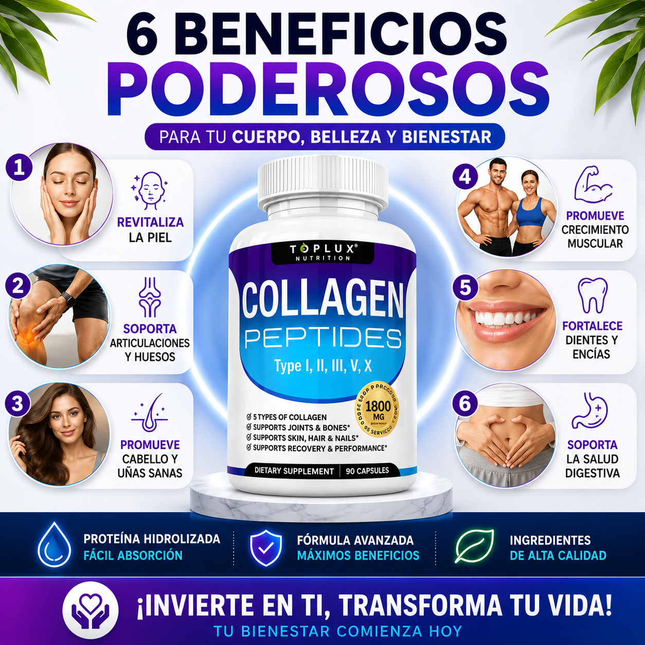 TOPLUX™ Collagen Peptides | Piel Más Firme, Cabello Más Fuerte y Articulaciones Saludables