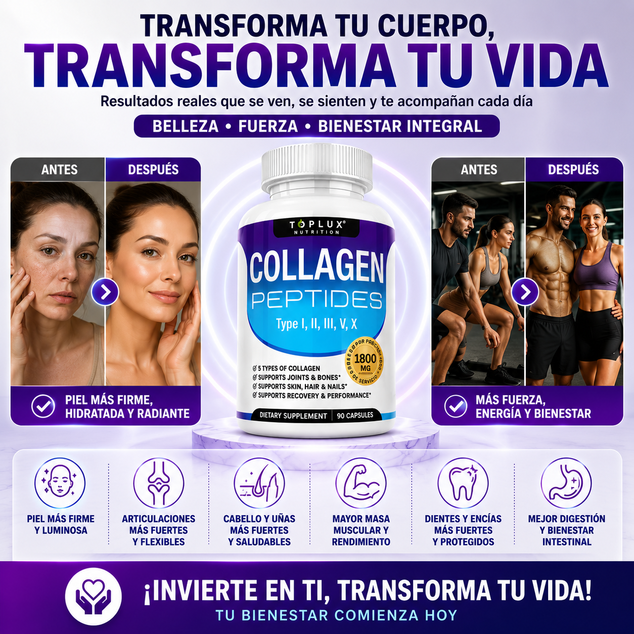 TOPLUX™ Collagen Peptides | Piel Más Firme, Cabello Más Fuerte y Articulaciones Saludables